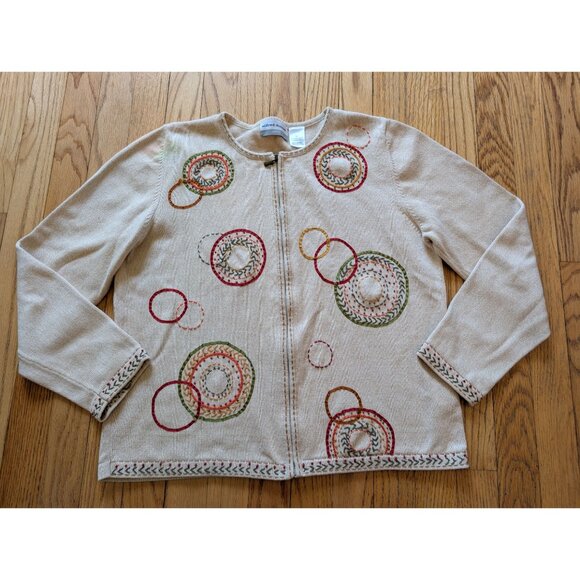 Alfred Dunner Petite PL Beige Cardigan Colorful Embroidered Circles Zip Front - Picture 2 of 4